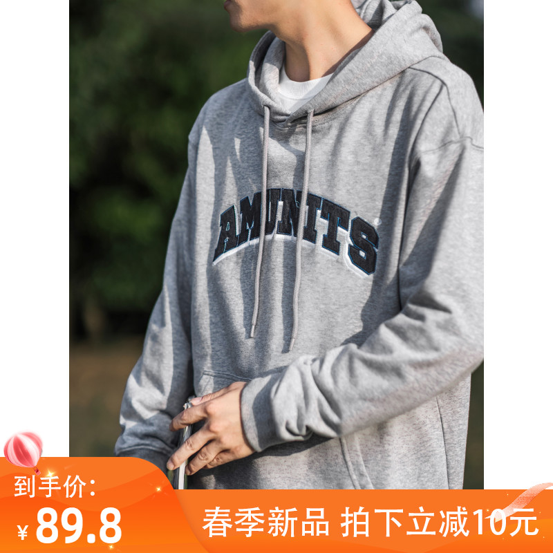 BDLS 日系CityBoy贴布刺绣连帽卫衣男春季宽松纯色休闲情侣外套