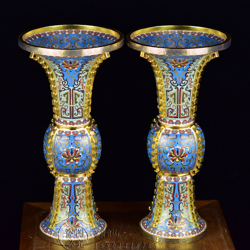 北京景泰蓝花瓶15寸出戟圆口花觚瓶仿古古老收藏景泰蓝