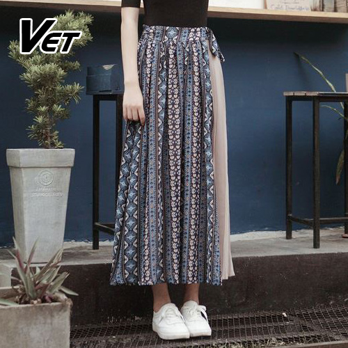 VET春秋新款花色系带拼接雪纺半身裙韩版中长款a字百褶裙日系女裙