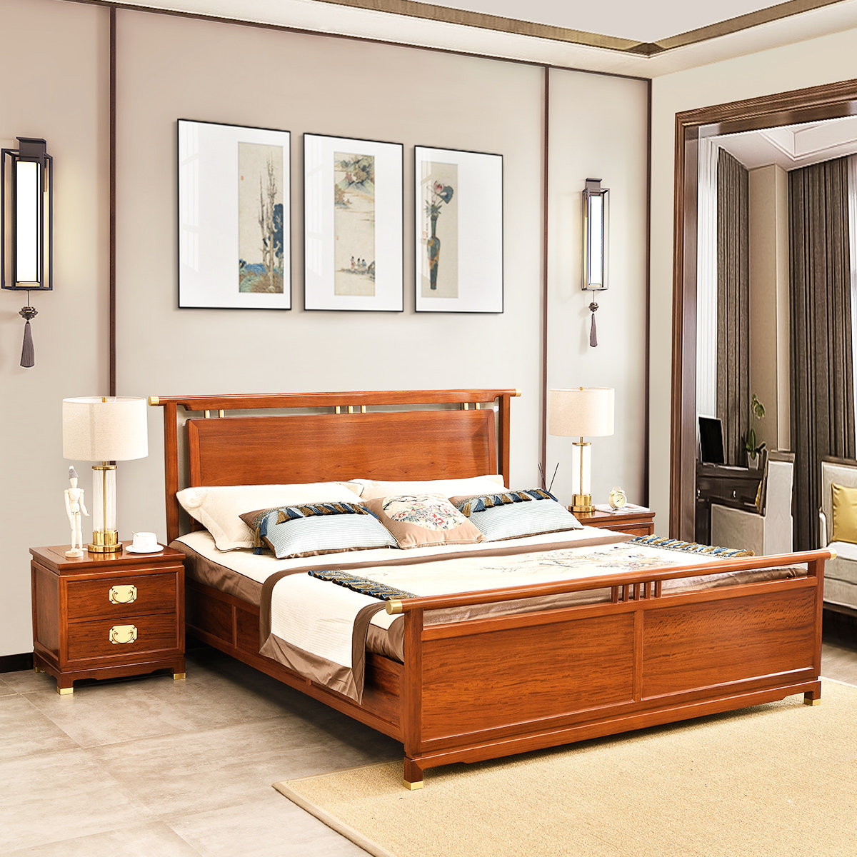 苏素18米中式新中式紫檀大果双人床私人红木卧室实木床