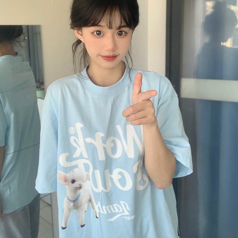 WORKSOUT美式小羊印花短袖男女宽松休闲T恤潮流复古打底上衣情侣