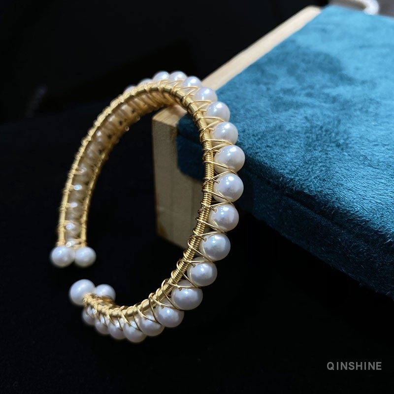qinshine法式复古14k注金手工绕制手镯天然淡水手饰