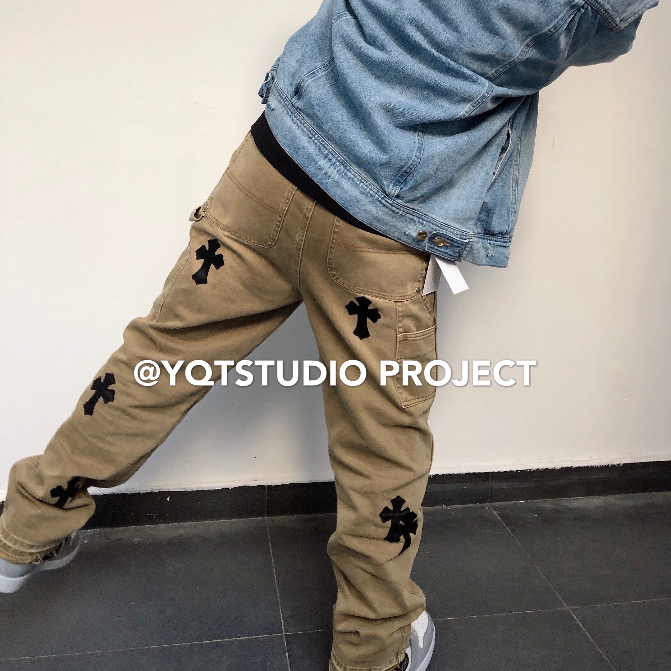 CH自主十字架拼皮做旧复古vintage工装磨破休闲宽松牛仔裤 潮