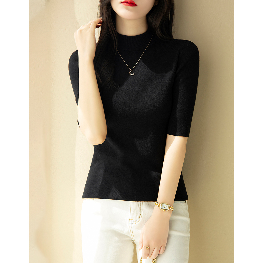 韩版羊毛中袖修身针织打底衫上衣女2022秋季半高领纯色五分袖毛衣