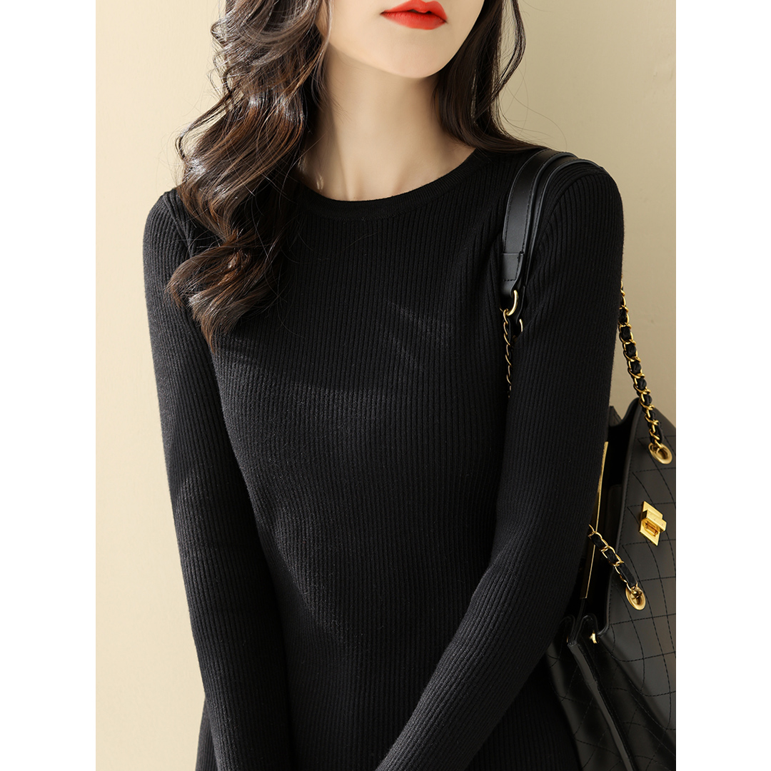 黑色韩版百搭长袖毛衣加绒打底衫2021冬季新款气质加厚女内搭针织