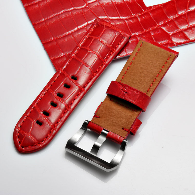 缔缇代用沛纳海鳄鱼表带竹节真皮腕带24mm红色配件