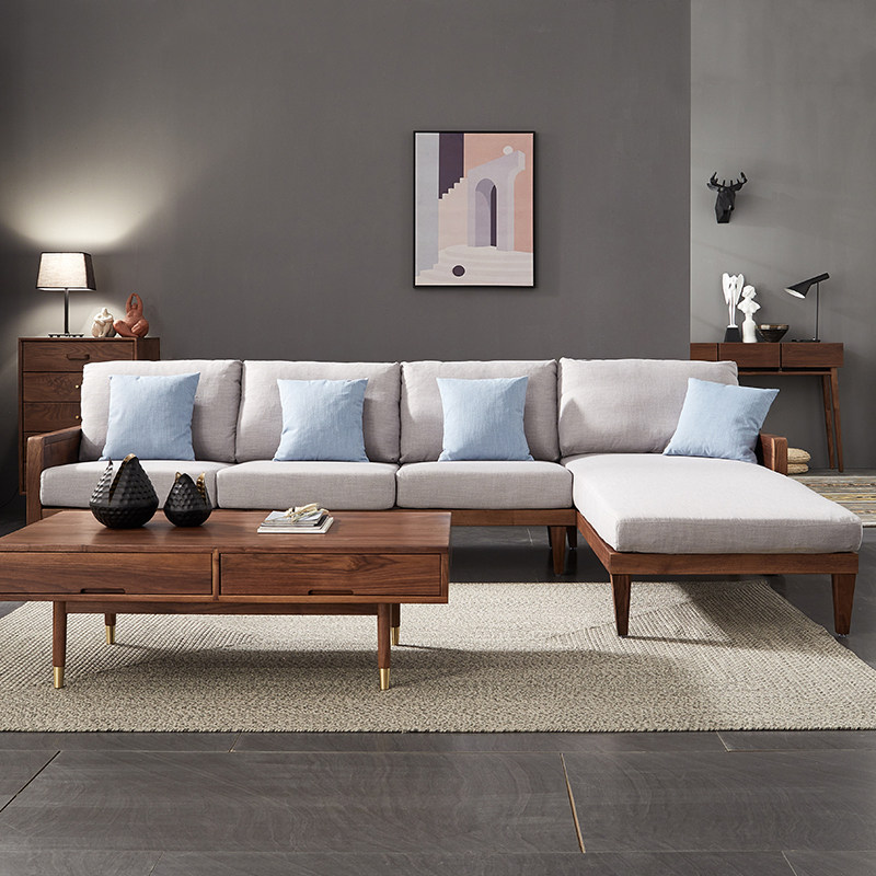 北欧风格北美胡桃木实木沙发小户户型客厅家具转角实木沙发