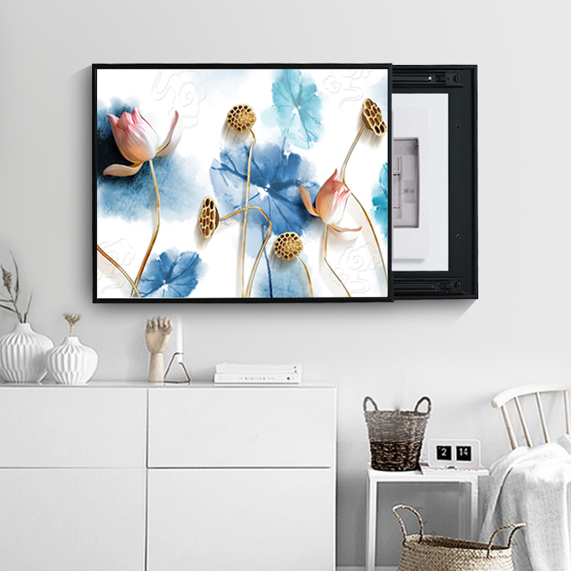 新中式抽象遮挡电表箱装饰画禅意山水荷花总开关电盒子弱电箱画