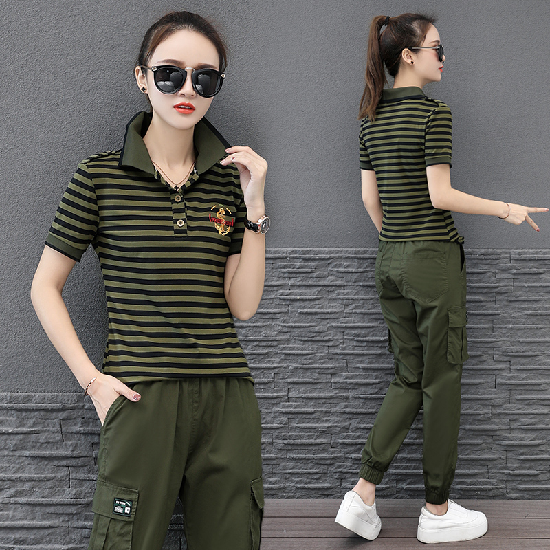 迷彩T恤女夏新款修身显瘦纯棉翻领军绿色短袖户外登山迷彩服套装