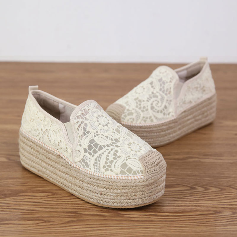 2022新款草编厚底渔夫鞋女夏高跟懒人一脚蹬蕾丝松糕鞋百搭单鞋女