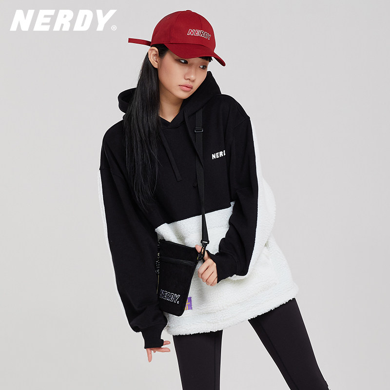 nerdy秋冬情侣套头衫连宽松长袖羊羔拼接运动服卫衣