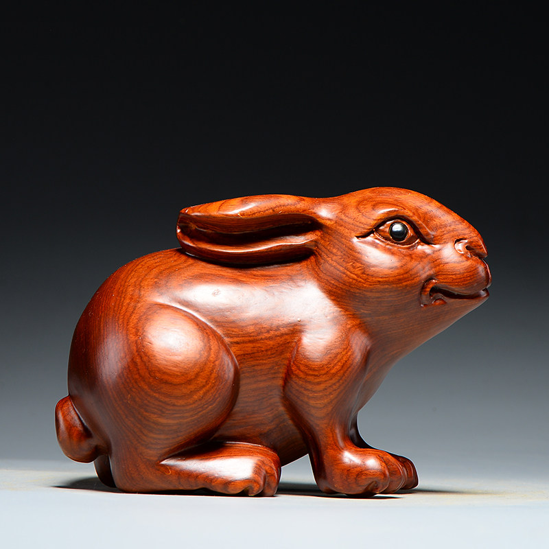 花梨木雕雕刻兔子摆件三合十二生肖木兔家居客厅装饰摆件
