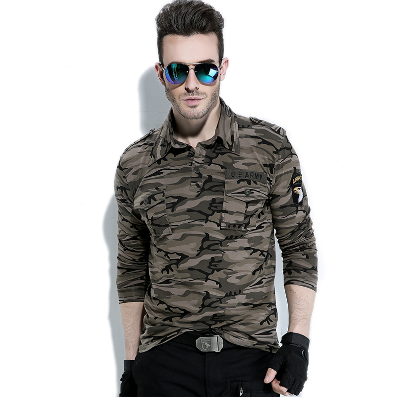 户外军迷t恤男长袖弹力翻领水兵舞服装新款迷彩服军装上衣春秋季
