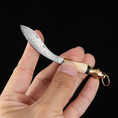 迷你兽骨柄小弯刀大马士革钢花纹钢工艺小刀军工刀拆快递刀防身刀