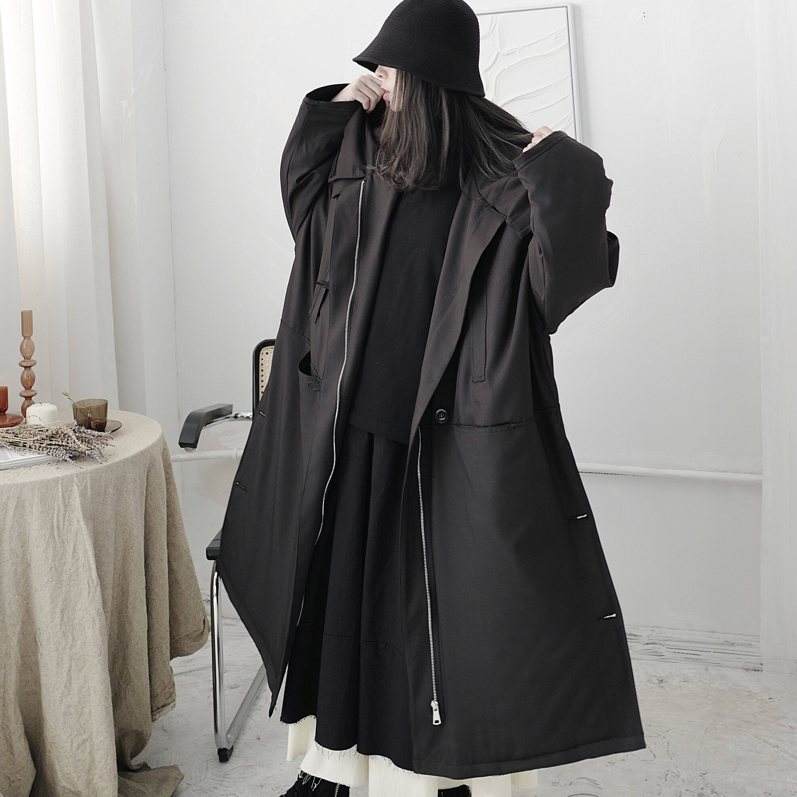 冬季山本小众长款夹棉风衣外套棉服加厚黑色棉衣