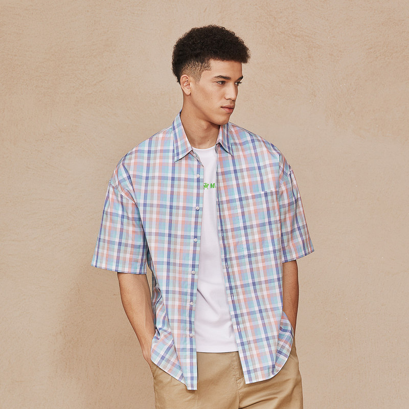 哈特马克斯hsm男士21春夏新款时尚休闲宽松透气纯棉格纹短袖衬衫