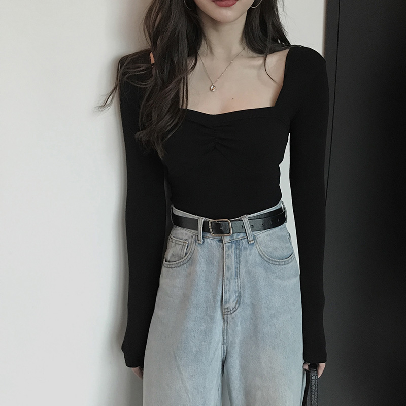 春装2022年新款修身方领上衣女设计感小众长袖黑色T恤打底衫短款