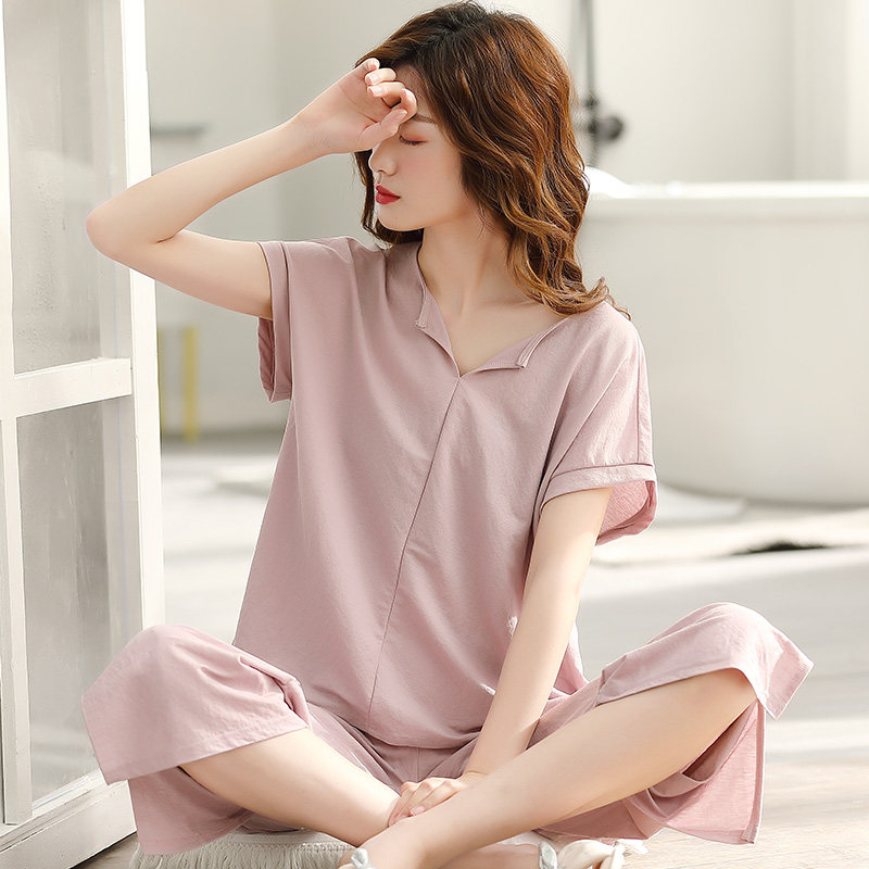 棉麻睡衣女夏短袖薄款两件套装夏季夏天女士2020新款纯色家居服