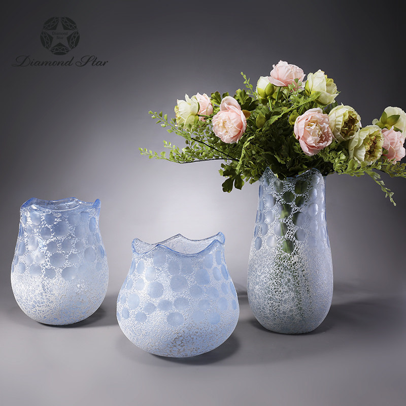 钻石星 蓝色大口花瓶玻璃地中海装饰摆件客厅餐桌插干花水养鲜花