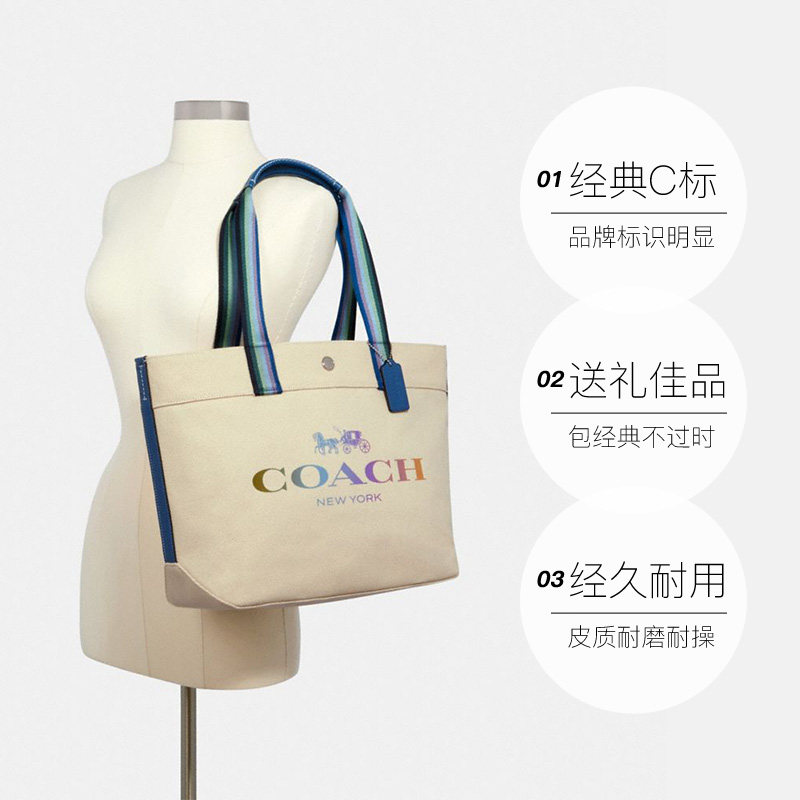 自营coach蔻驰女士棉质logo帆布布袋购物袋托特托特包