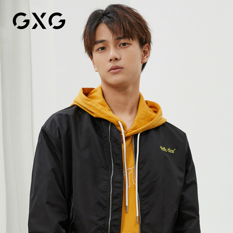 【特价】GXG男装 2022春季潮流棒球领黑色印花夹克外套GY121460GV
