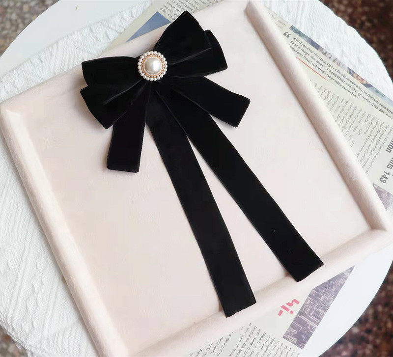 韩版复古黑色丝绒珍珠领结学院蝴蝶结飘带别针领结
