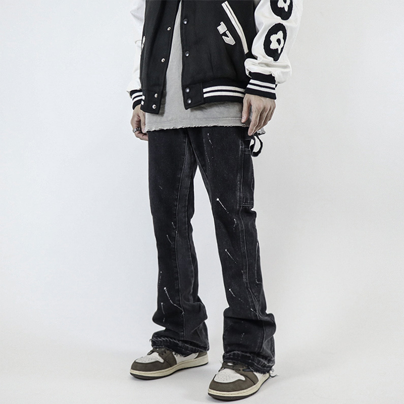 欧美高街vibe风裤子国潮泼墨裤复古宽松微喇叭裤阔腿牛仔裤潮男女