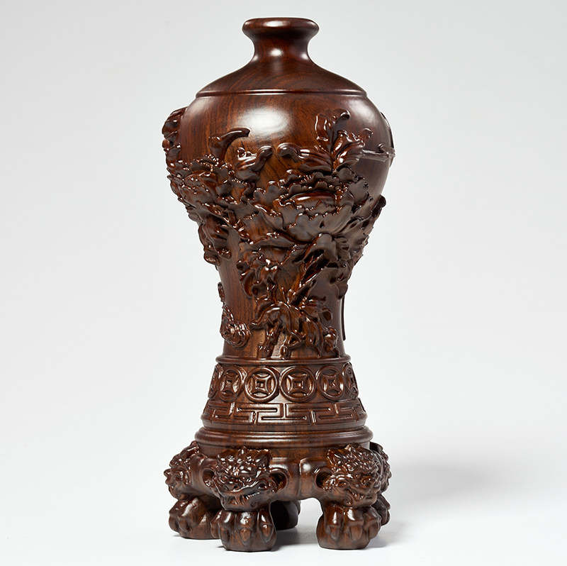 檀木木雕花瓶摆件实木中式花开富贵客厅电视柜红木木雕