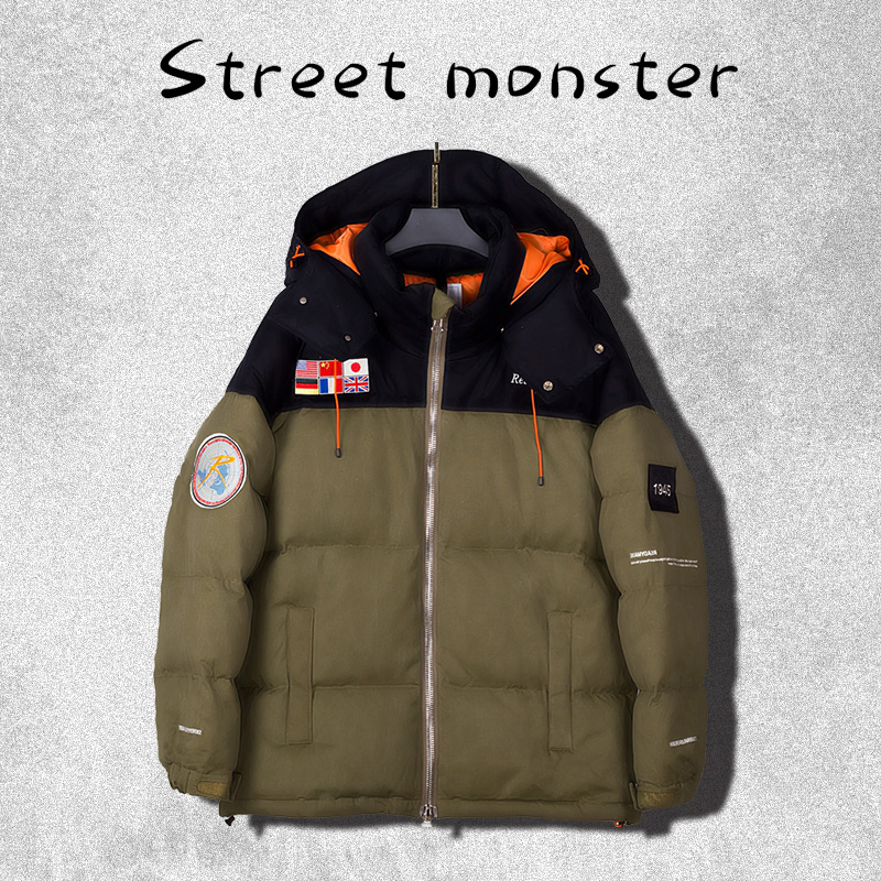Readymade 水洗军布高街复古拼色刺绣拼接连帽羽绒服冬季加厚棉服