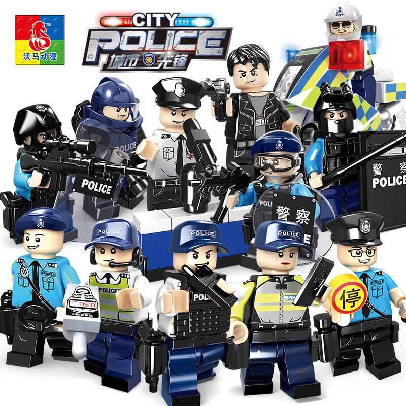 沃马积木乐高玩具男孩益智智力拼装特警小颗建构