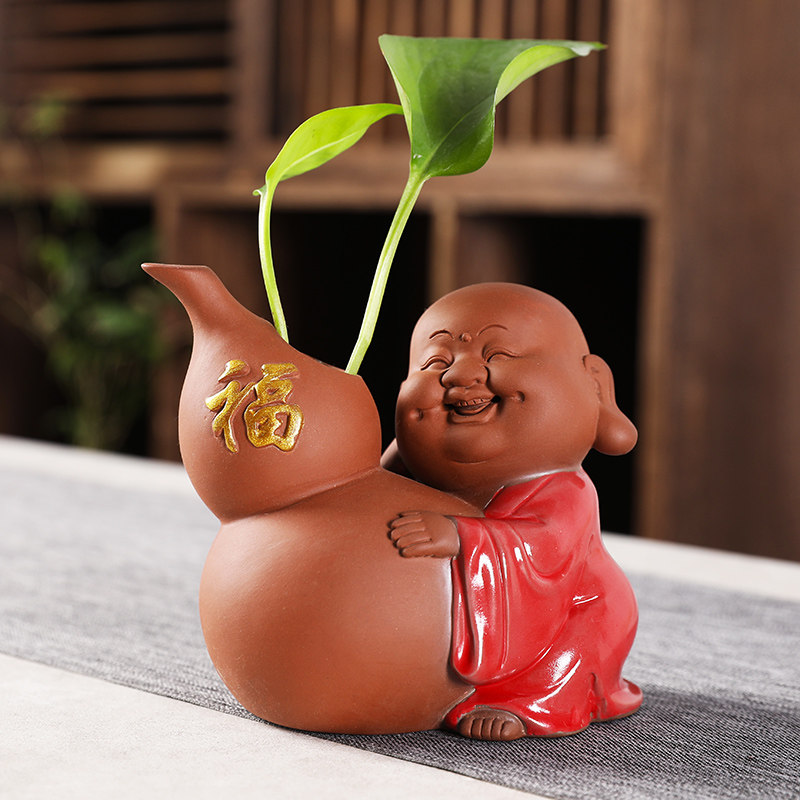 紫砂招财进宝小和尚茶宠精品可养福禄寿葫芦创意招财茶宠摆件