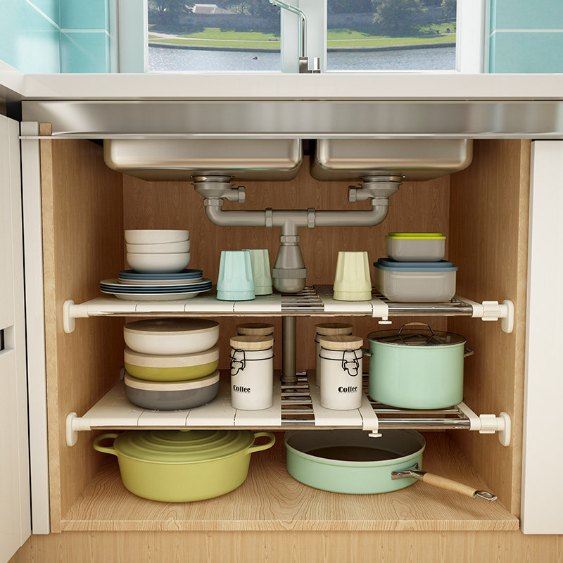 厨房橱柜内收纳分层隔板隔断置物架衣柜可伸缩免钉家用下水槽架子