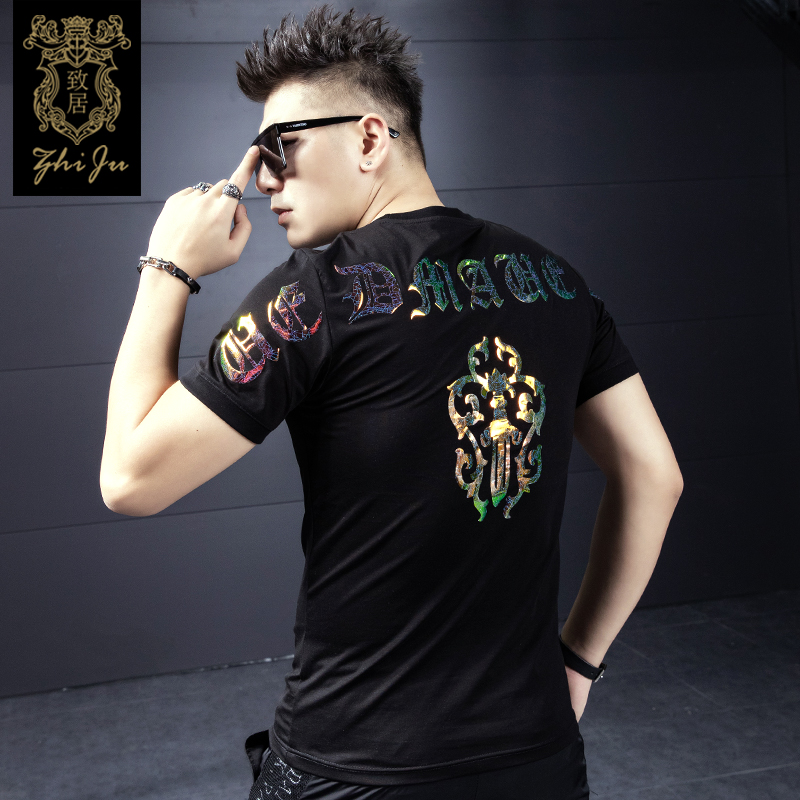 短袖t恤男潮牌2021新款修身印花烫金体恤潮流夏季丝光棉男士半袖