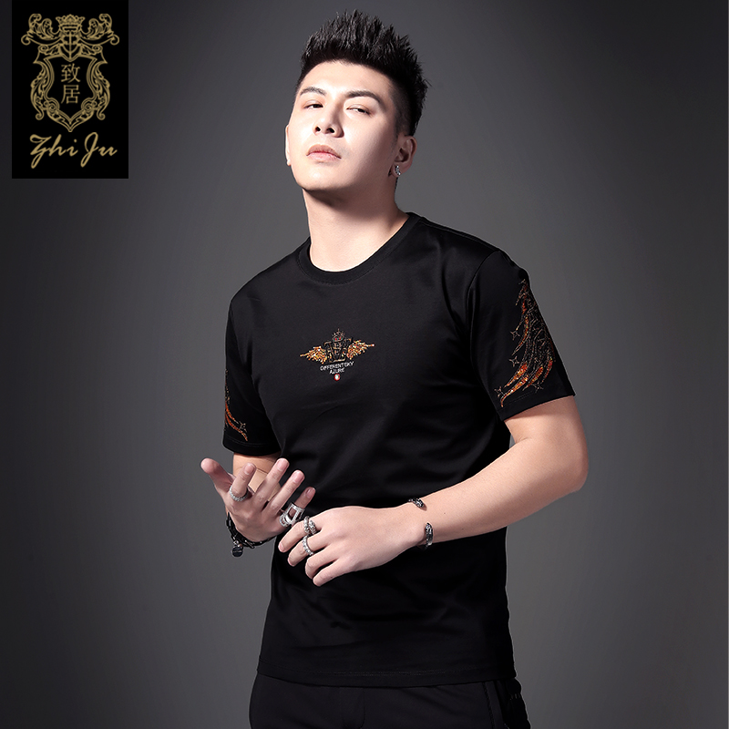 丝光棉t恤男潮牌百搭夏季2021新款刺绣体恤圆领潮流上衣男士短袖