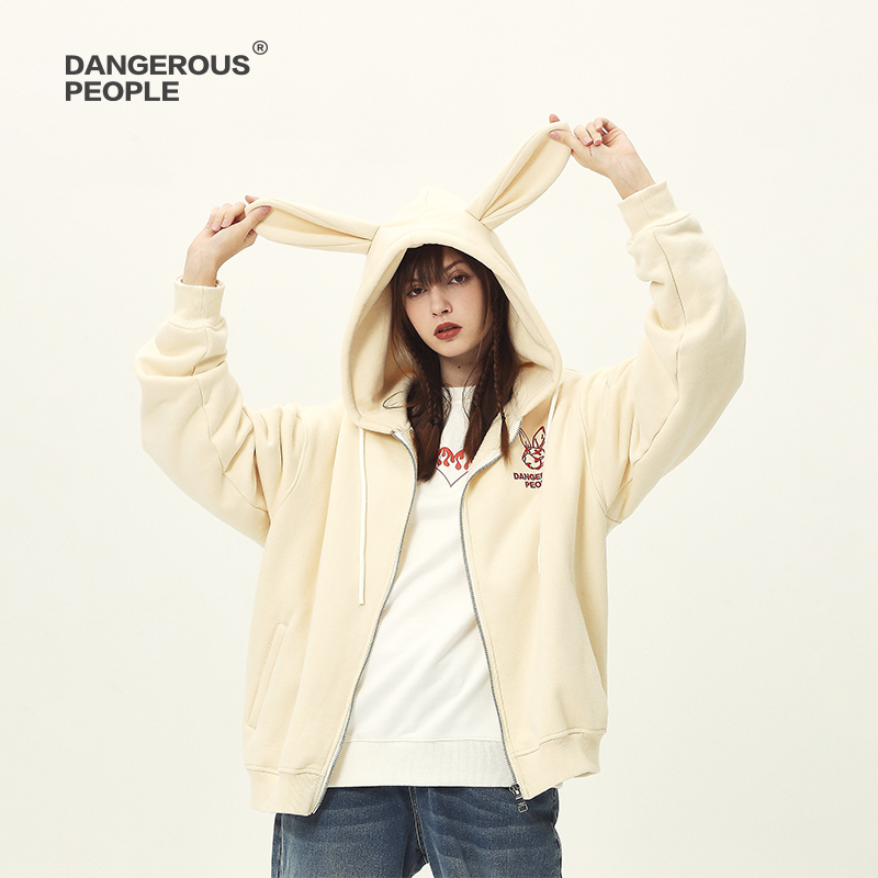 Dangerouspeople 薛之谦dsp兔子耳朵贴布绣拉链开衫情侣连帽卫衣