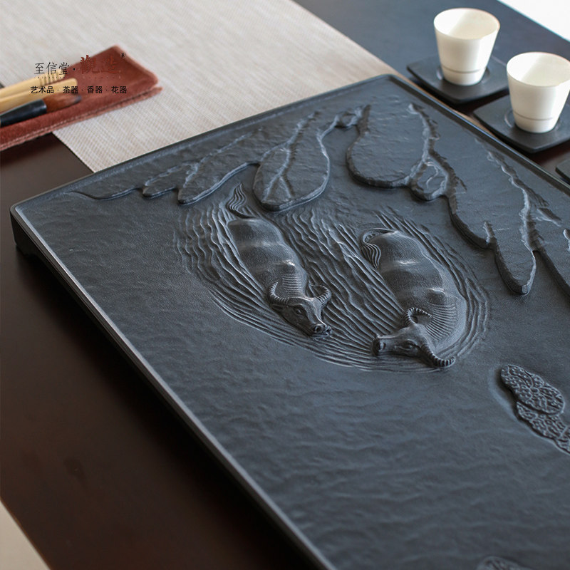 手工雕刻天然乌金石茶盘家用简约茶台石头功夫茶海茶盘