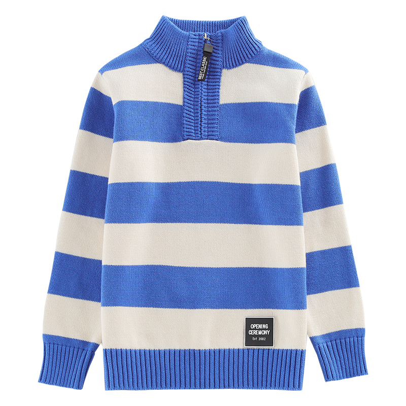 男童毛衣套头高领拉链秋冬款加绒加厚儿童条纹男孩中大童针织衫棉