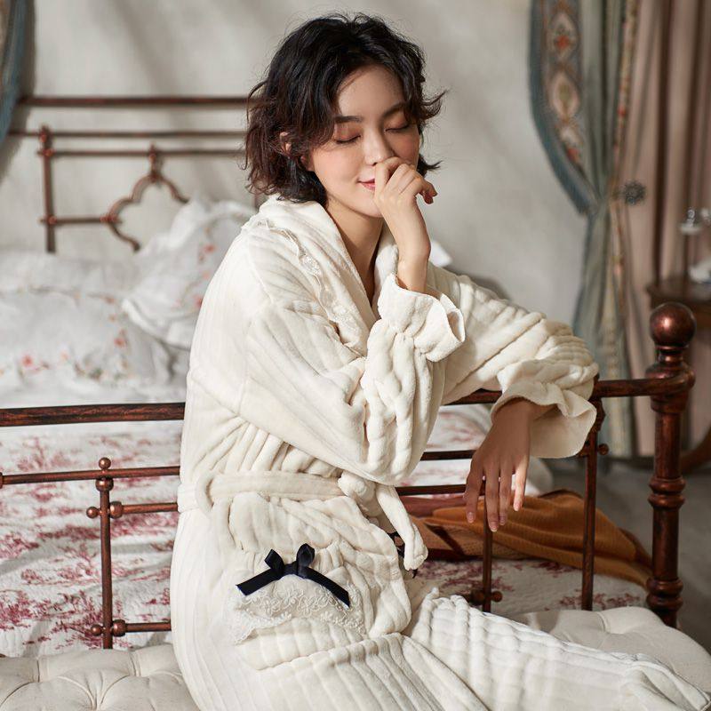 法式白色睡袍秋冬长款宫廷公主风珊瑚绒加厚睡袍