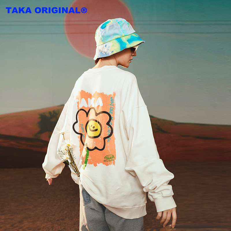 TAKA ORIGINAL春夏潮流笑脸花朵情侣长袖 Prem同款印花宽松卫衣