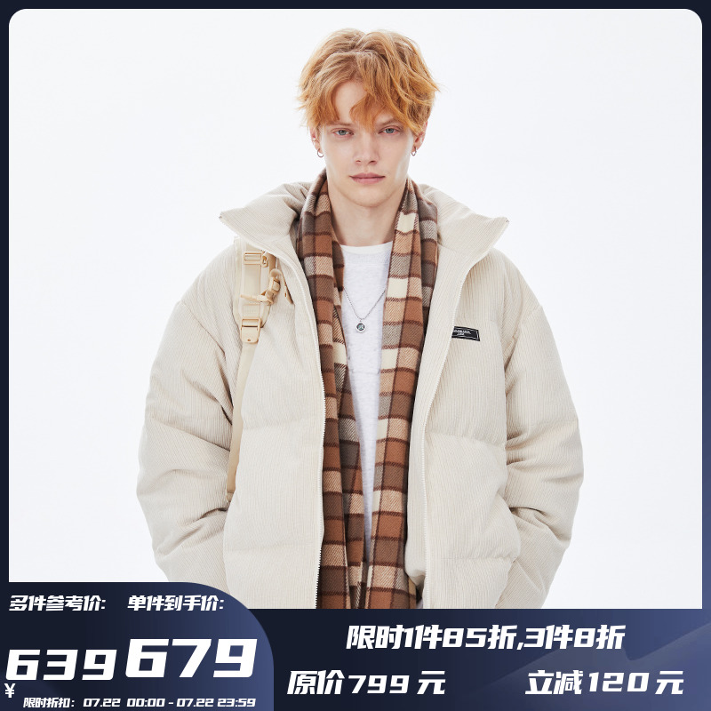 PSO Brand基础款灯芯绒面料白鸭绒羽绒服男潮牌冬季加绒加厚外套