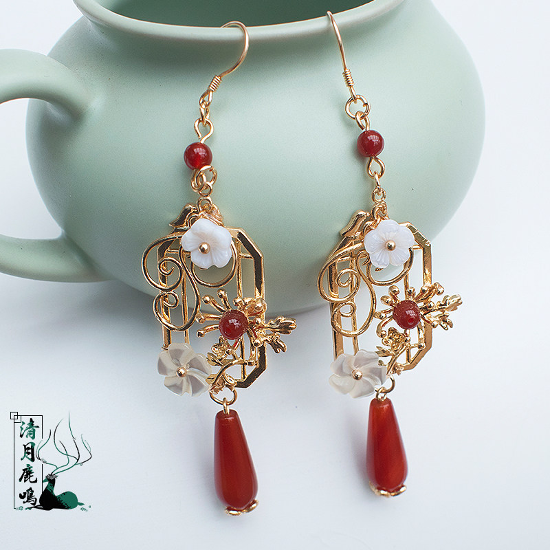 清月鹿鸣原创纯银镀金天然东陵古风耳环汉服耳环