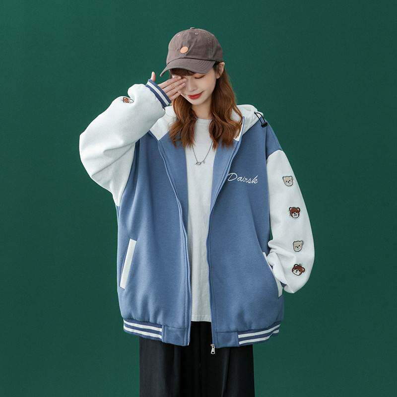 oversize棒球服连帽夹克外套女秋季胖mm宽松甜美百搭学生开衫卫衣