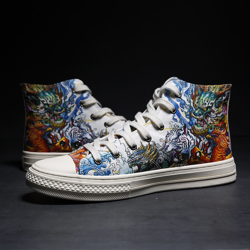 四象降临山海经鞋子男士国潮帆布鞋中国风板鞋高帮男鞋手绘涂鸦鞋