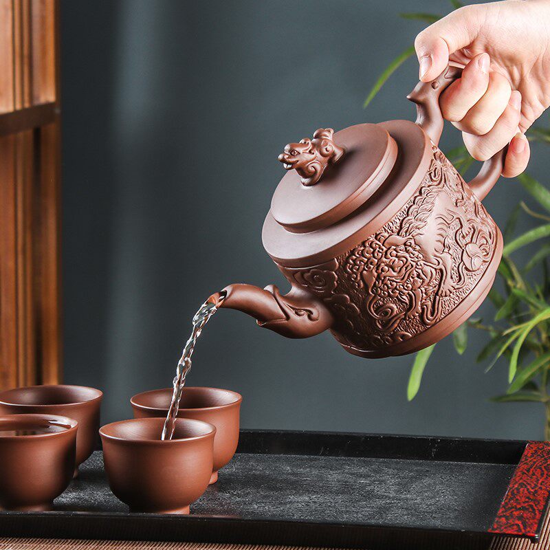 竹官紫砂朱泥茶壶大容量麒麟龙手工大号家用中式茶壶