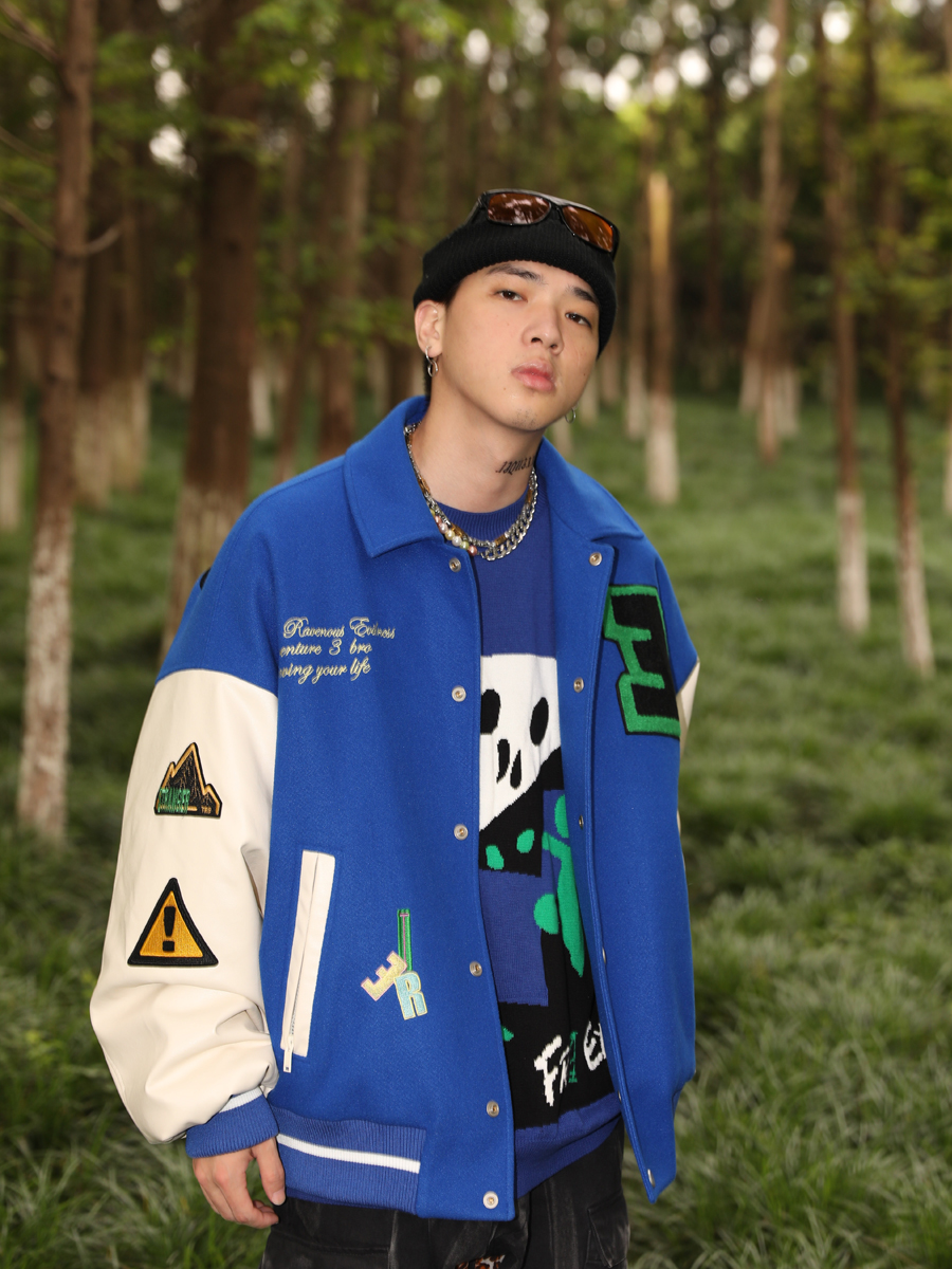 TREMINAL21秋冬骨架蜻蜓刺绣蓝色复古棒球风夹克外套翻领棉服