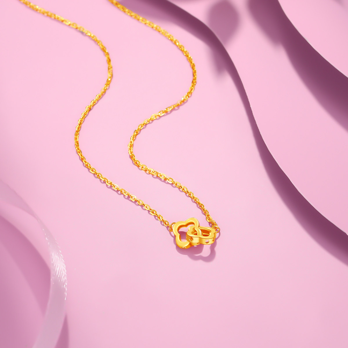 足金双环黄金套链简约大方环环相扣情侣项链24k颈饰