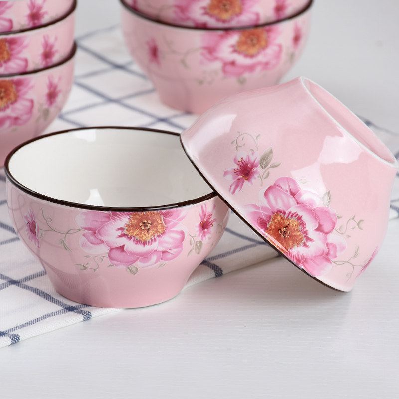 红杜鹃陶瓷餐具日式创意彩色泡面5英寸饭碗大号碗