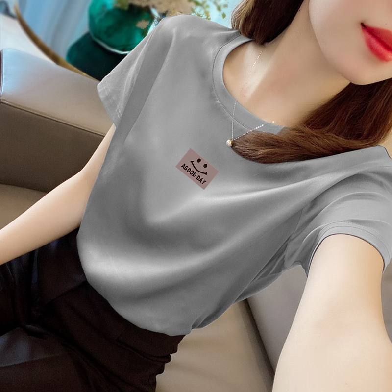 潮牌可甜可盐灰色短袖t恤夏新款时尚笑脸上衣显瘦圆领百搭打底衫.