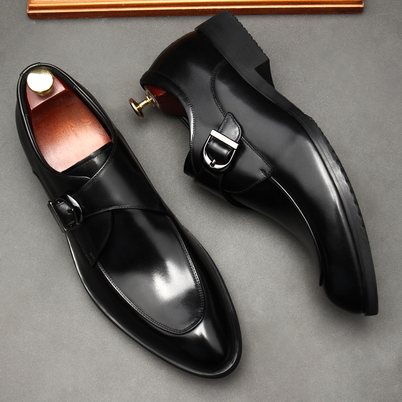 高端欧版商务正装搭扣皮鞋男尖头真皮英伦加绒男士伴郎孟克鞋秋季