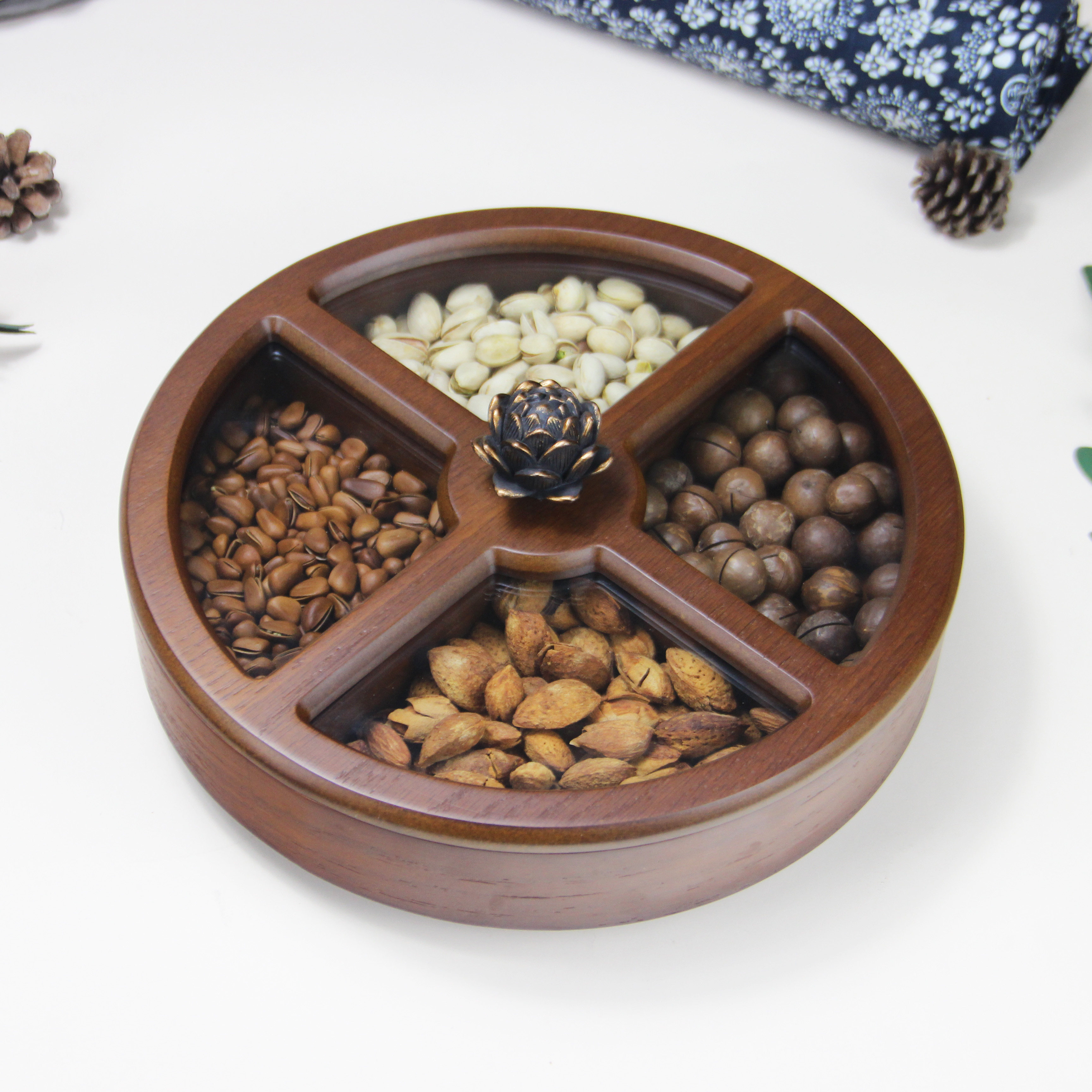 实木客厅食盒零食果盘干果家用旋转双层圆形果盆